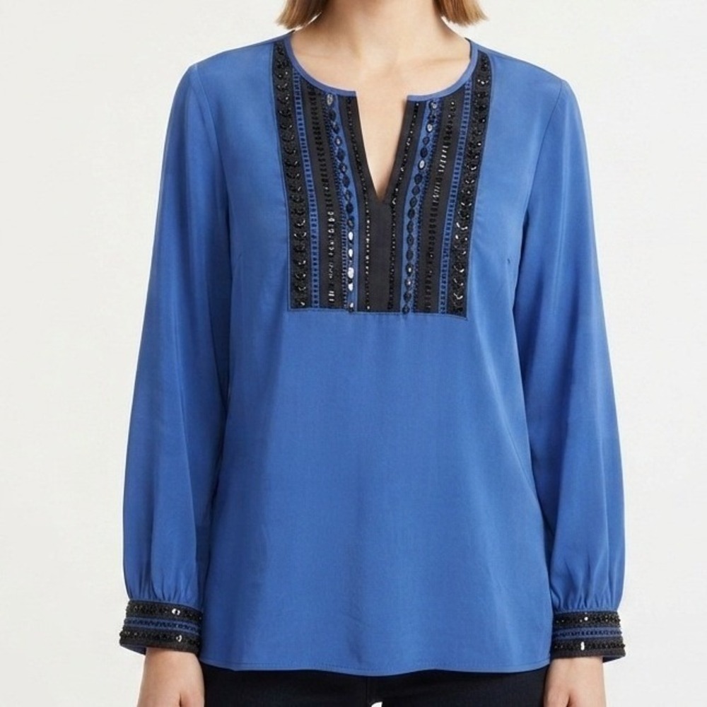 Chico's Beaded Blouse Womens Size 2 Large Blue Long Sleeve Embellished Top